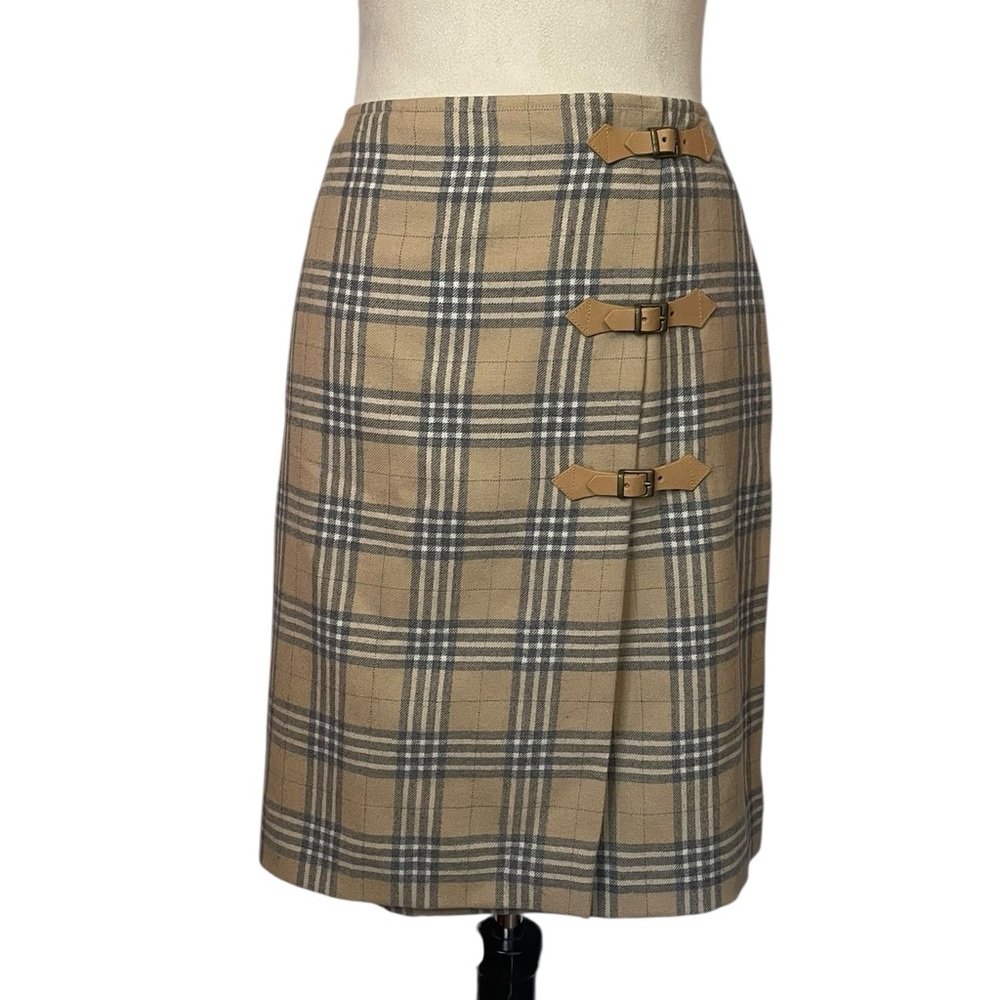 Rena Rowan Tan and Gray Plaid Wool Skirt with Leather Buckle Accents